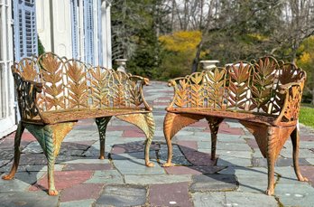 A Pair Of Early 20th Century Art Nouveau Cast Iron Garden Benches With Griffon Head Arms