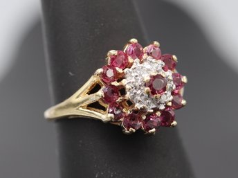 Show Stopping Multiple Ruby & Diamond 10k Yellow Gold Statement Ring