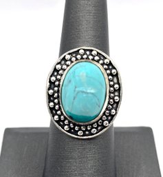 Vintage Sterling Silver Turquoise Color Stone Ornate Ring, Size 7