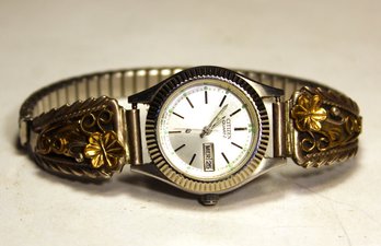 Vintage Southwestern Sterling Silver And Gold Floral Shouldered Quartz Wristwatch