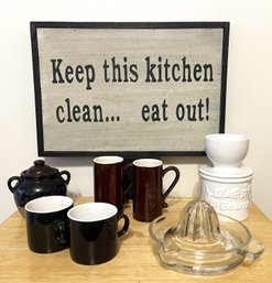 Cute Kitchen Lot With Kitchen Sign, Sakura Coffee Mugs, Vintage Glass Juicer And More