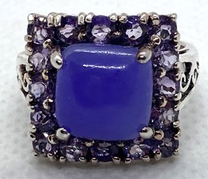 Signed Designer Sterling Silver Ring With Square Cut Purple Jade Cabochon And Amethyst Surround