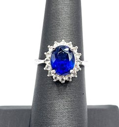 Beautiful Sapphire Color And Clear Stones Ornate Ring, Size 6
