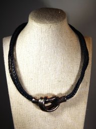 MODERN SILVER PLATED SIGNED DESIGNER LEATHER NECKLACE CHOKER