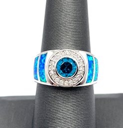 Beautiful Fire Opal And Blue Topaz Color With Clear Stones Ring, Size 7.9