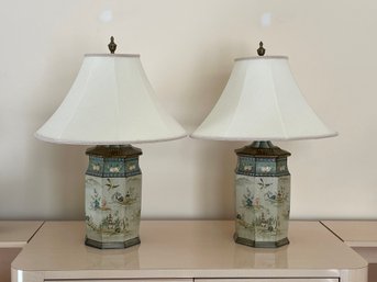 Pair Of Sarreid Ltd. Table Lamps Birds Flowers Painted Asian Scene Chinoiserie