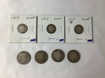 3 Barber Dimes & 4 Barber Quarters (90 Per Cent Silver)