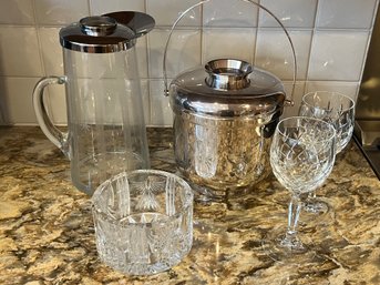 Set Up Your Bar! Mid-Century Pitcher, Sheffield Ice Bucket, Waterford Look Wine Glasses And A Wine Trivet