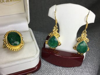 Lovely Set Of Brand New Earrings & Ring With 18K Gold Overlay & Natural Emerald - Beautiful - Very Pretty Set