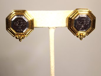 Pair Silver And Gold Tone Pierced 1980s Earrings