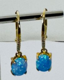 BEAUTIFUL GOLD OVER STERLING SILVER BLUE OPAL AND WHITE STONE DANGLE EARRINGS