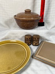 USA Pottery Casserole Dish With Lid, Pfaltzgraff 615 Trivet, Tiki Ceramic S&P Shakers Serving Plate No Chips