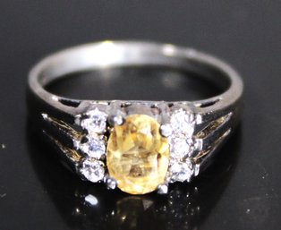 FINE STERLING SILVER LADIES RING CITRINE W WHITE STONES SIZE 7