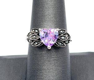 Beautiful Sparkly Amethyst Color Heart Shaped Marcasite Ring, Size 8