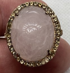 Hefty Gilt Sterling Silver Ring With Carved Rose Quartz Cabochon And Pierced Heart Setting