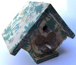 DECORATIVE WOODEN BIRDHOUSE: Decorated With Tissue Paper, 6 Inches Tall By 7.25 Inches Wide