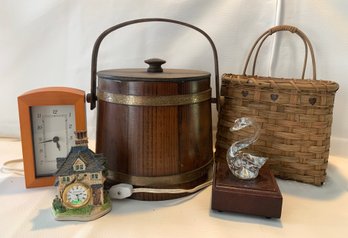 Baskerville Wood Ice Bucket, Lighted Swan, Wall Basket, Clocks