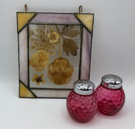 Decor Lot ~ Vintage Stained Glass Pressed Flower Frame & Cranberry Glass Salt & Pepper Shakers ~