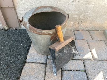 Antique Galvanized Ash Bucket With Handles And Antique Wood Handled Tin Scoop. No Shipping.