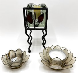 Set Vintage Capiz Shell African Flower Candle Holders & Mexican Hand Crafted Metal & Glass Candle Stand