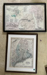 TWO FRAMED ANTIQUE MAPS, MAINE AND WARREN/WEST BROOKFIELD