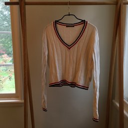 BRANDY MELVILLE, Cotton Knit V-Neck Tennis Style Sweater, White, Navy & Red Striped Neck,One Sz, Made In Italy