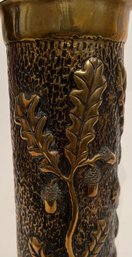 Vintage Antique Trench Art Shell - Hammered Vase - Oak Tree Leaves Acorns - 3 3/8 Inches In Diameter X 9.75 H
