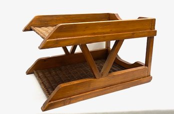 Vintage Wooden & Wicker 2 Tier Desk/ Paper Organizer