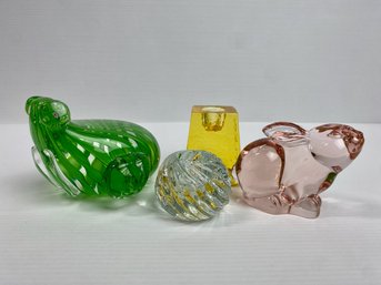 Misc. Colored Glass Lot - Art Glass Frog, A Yellow & A Clear Candleholder, Pink Rabbit