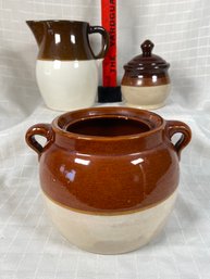 R.r.p. Co Roseville, O USA Pitcher 6', Bean Crock 5.5x5.25, Sugar Jar With Lid 5' Brown And Tan Pottery