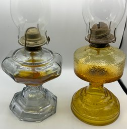 2 Antique Oil Lamps ~ Amber Glass & Clear Glass ~