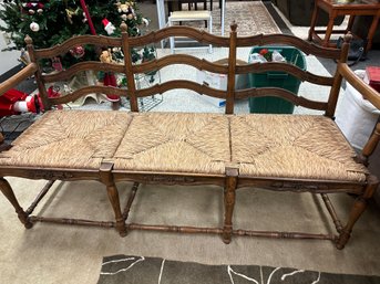 3 Seater Rush Bench With Wood Back And Arms