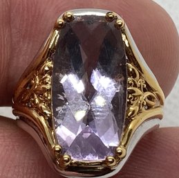 Very Fine Signed Designer Sterling Silver And Gold Gilt Ring With Large Faceted Amethyst