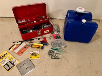 Toolbox Stuffed With Assorted Tools & 4 Gallon Aqua Tainer Water Container MSRP $40