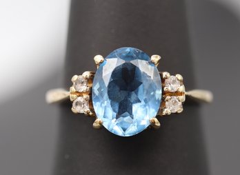 Large Blue Topaz & White Spinel 10k Yellow Gold Ring