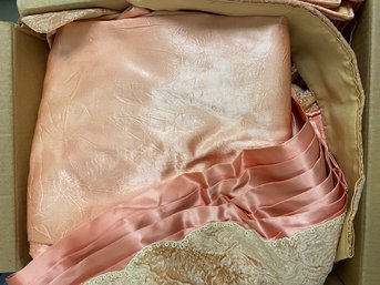 Box Lot Of Vintage Pink Satin Bathroom Window Curtains