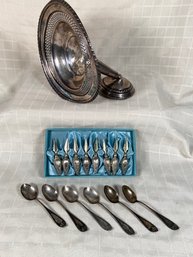 Vintage Sterling Silver: R.S. Co Small Teaspoons, TWR Corn Holders Skewers, Columbia Candy Dish Now Art Piece