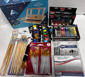 Art Supply Set Contains Desk Easel, 2 Packs Of Satin Paint, 23 Acrylic Paints And 80 Brushes RC