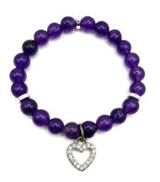 Pretty Dark Purple Beaded With Heart Rhinestone Pendant Bracelet