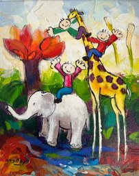 Great Whimsical Oil On Canvas Elephant Giraffe Boy ~ Signed ~