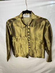 Ozbek Made In Italy Gold-green Taffeta Button Up Blouse, Size 6