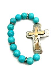 Vintage Two Toned Cross With Turquoise Color Beads Bracelet