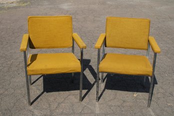 Pair Of Mid Century Modern Chrome & Green Fabric Arm Chairs By Corry Jamestown Corporation