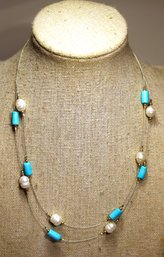 Sterling Silver, Cultured Pearl And Turquoise Beaded Necklace