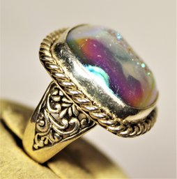 Large Sterling Silver Ring Having Iridescent Mineral Stone Size 7