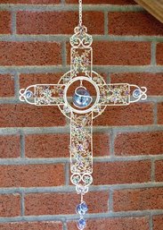 Hanging Cross Windchime With Miniature Gazing Balls Throughout