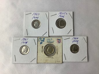 6 Proof Dimes (90 Per Cent Silver) Dated 1951, 1955 S, 1961, 1963, 1964