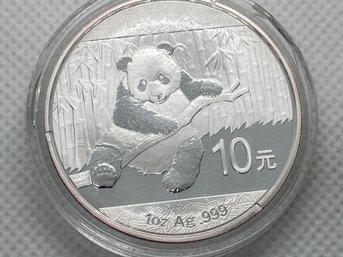 2014 CHINESE 10 YUAN PURE SILVER .999 1 OUNCE PANDA ROUND- Mint In Capsule