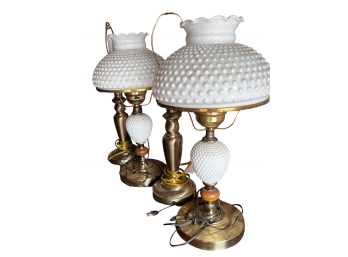 Pair Of Fenton White Hobnail Milk Glass Hurricane Lamps