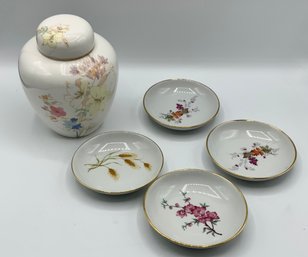 Cute Porcelain Ginger Jar & 4 Small Plates